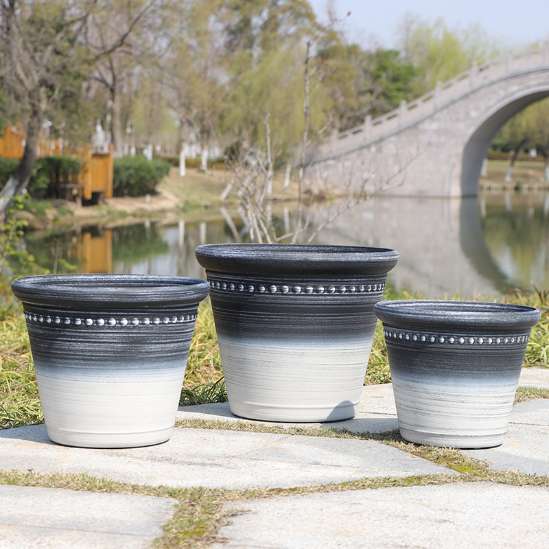 Black-and-White Flower Pot with Wide Rim Embossed Dot
