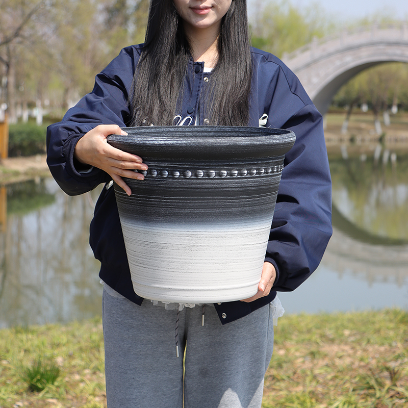 Black-and-White Flower Pot with Wide Rim Embossed Dot
