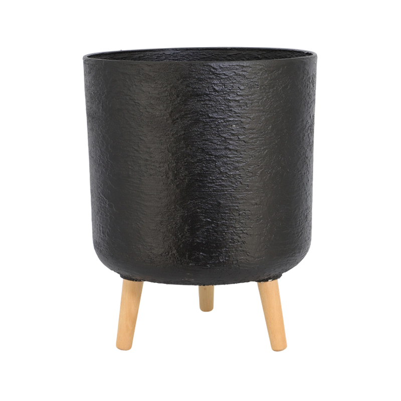 Versatile Gypsum-Like Cylindrical Planter with Wooden Legs