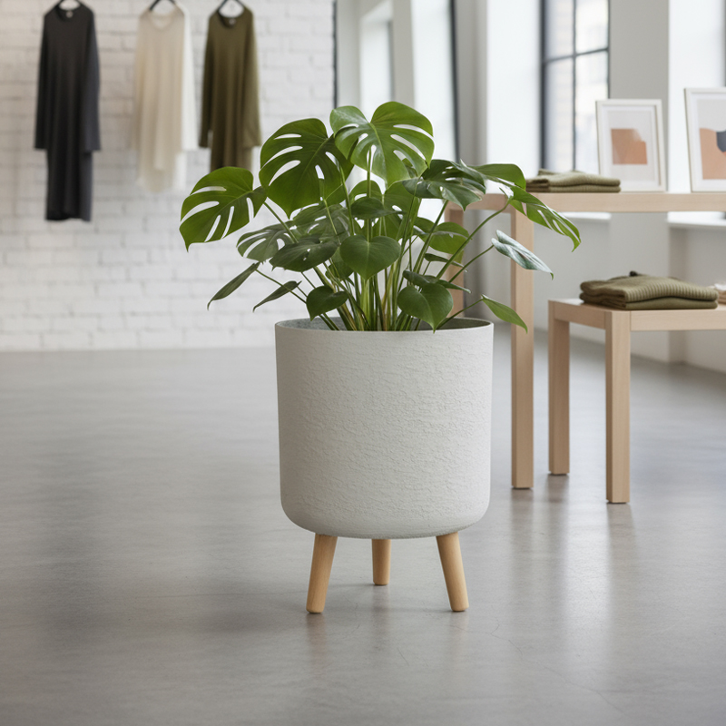 Versatile Gypsum-Like Cylindrical Planter with Wooden Legs