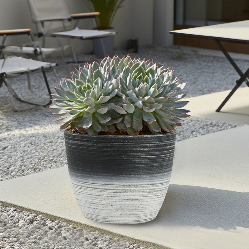 Round Sandblasting Flower Pot with Two-Color Line Drawing