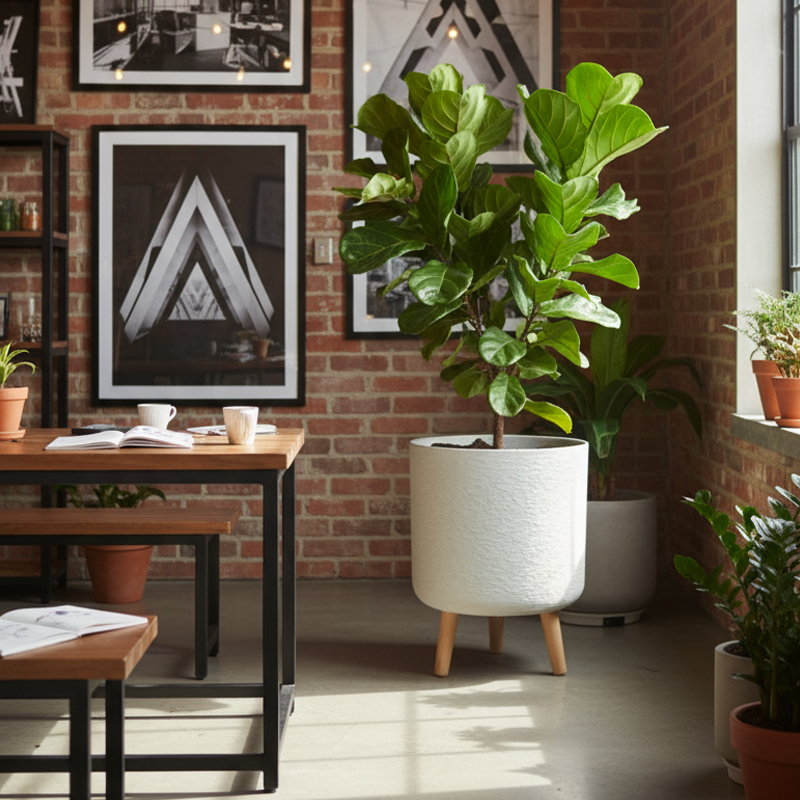 Versatile Gypsum-Like Cylindrical Planter with Wooden Legs