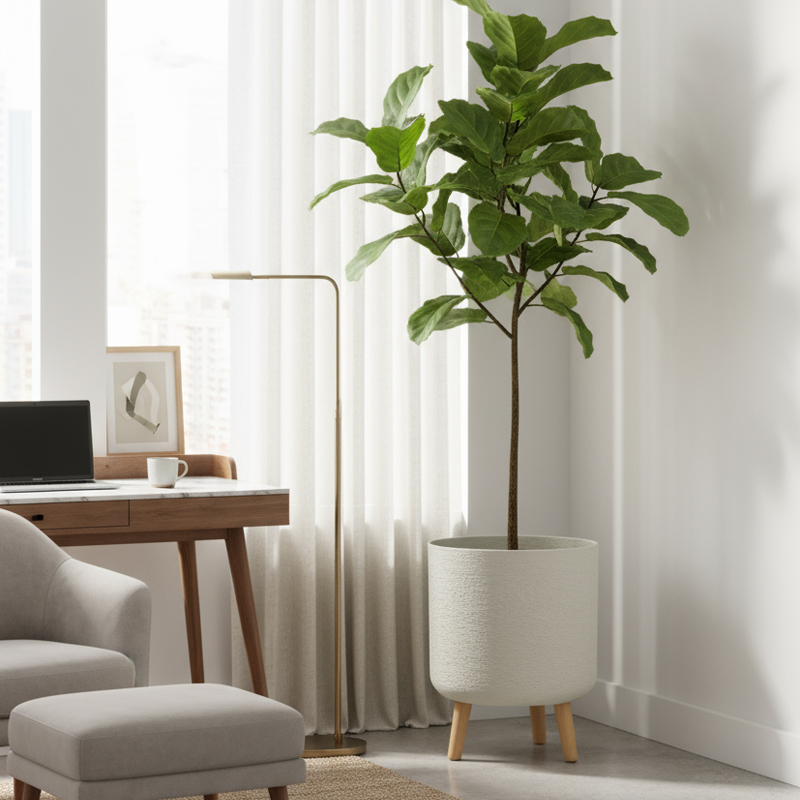 Versatile Gypsum-Like Cylindrical Planter with Wooden Legs