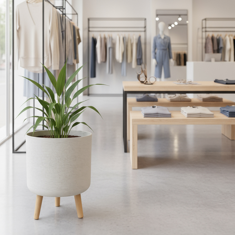 Versatile Gypsum-Like Cylindrical Planter with Wooden Legs