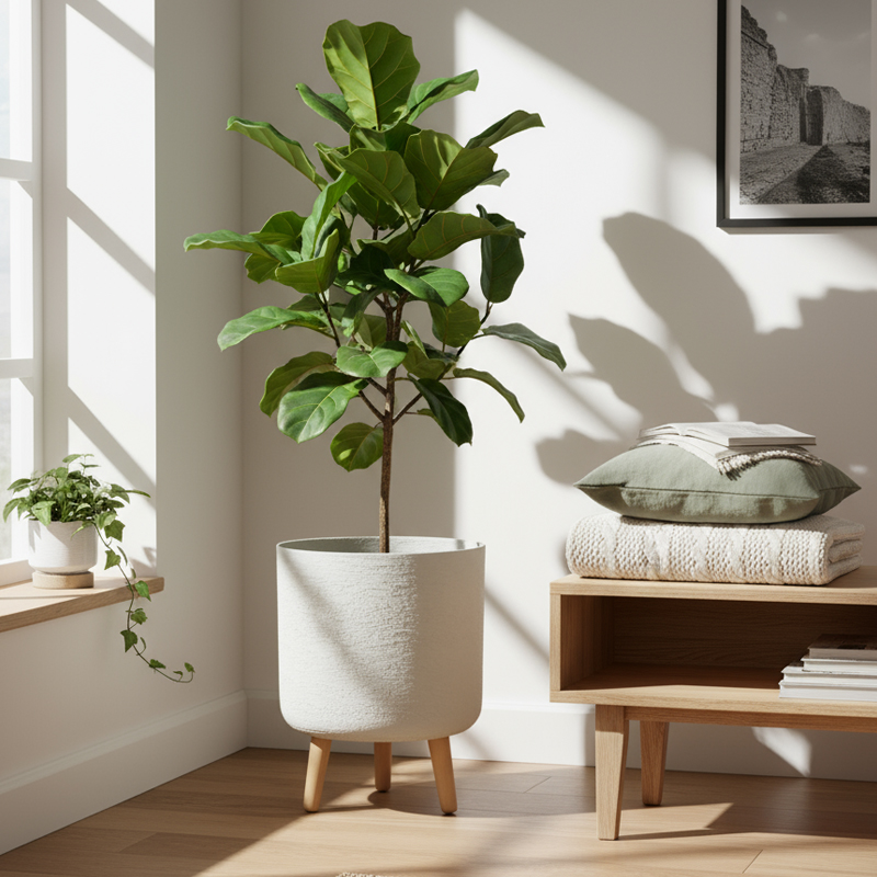 Versatile Gypsum-Like Cylindrical Planter with Wooden Legs